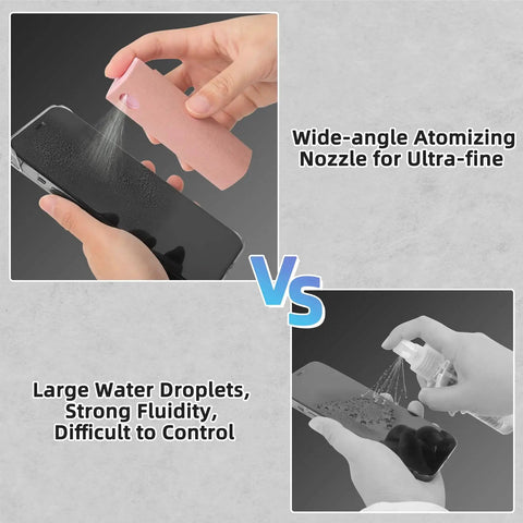 Comparison of 3 In 1 Screen Mist Cleaner Kit With Built In Spray And Microfiber Cloth versus traditional spray, showing fine mist and water droplet differences.