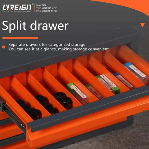 Open drawer of Drill Bit Dispenser Cabinet Four Drawer Stackable Organizer For Drill Bits From One Sixteenth Inch To One Half Inch With Labeled Compartments Heavy Duty Storage 15.7 Inches Long By 9.4 Inches Wide By 11.7 Inches High Twenty Two Pounds