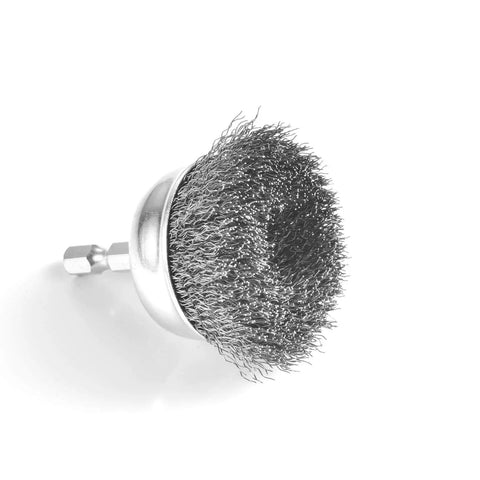 Six Piece Drill Wire Wheel Cup Brush Set With Coarse Crimped Wire 0.010 Inch Thick Face Width Includes 3 Inch 2.5 Inch 2 Inch 1.5 Inch Wheel Sizes And 2 Inch Cup Diameter With One Quarter Inch Hex Shank For Quick Rust Removal And Paint Stripping
