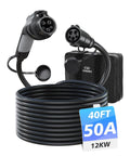 Heavy Duty J1772 Extension Cable 40Ft 50A Electric Vehicle Charging Cord with connectors, coiled cable, and label.