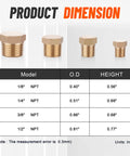 Product dimension chart showing size and height of brass hex pipe plugs in Brass Hex Pipe Plug Fittings Kit With Four Sizes One Eighth Inch One Quarter Inch Three Eighth Inch One Half Inch NPT Male Threaded Plugs In A Durable Storage Box For DIYers And Pros