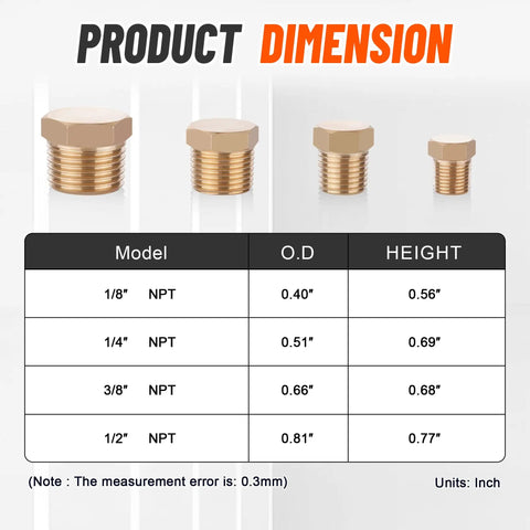 Product dimension chart showing size and height of brass hex pipe plugs in Brass Hex Pipe Plug Fittings Kit With Four Sizes One Eighth Inch One Quarter Inch Three Eighth Inch One Half Inch NPT Male Threaded Plugs In A Durable Storage Box For DIYers And Pros