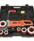 Heavy Duty Portable Electric Pipe Threading Machine With 2300W Copper Motor and Six Interchangeable Dies in carrying case.