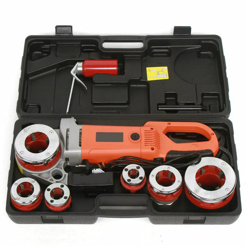 Heavy Duty Portable Electric Pipe Threading Machine With 2300W Copper Motor and Six Interchangeable Dies in carrying case.