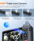 1080P Triple Lens, front and side views on 50Ft SemiRigid Endoscope Camera With Light And 5 Inch IPS Screen Triple Lens Sewer Inspection Borescope 1080P Waterproof Drain Pipe Tool Split Screen View Carrying Case DIY Ready Pro Grade For Home And Car Repairs