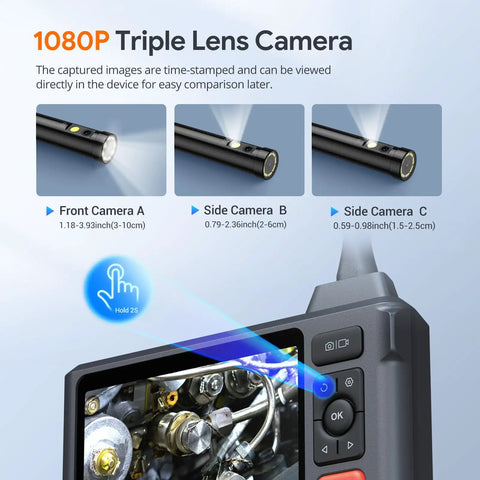 1080P Triple Lens, front and side views on 50Ft SemiRigid Endoscope Camera With Light And 5 Inch IPS Screen Triple Lens Sewer Inspection Borescope 1080P Waterproof Drain Pipe Tool Split Screen View Carrying Case DIY Ready Pro Grade For Home And Car Repairs