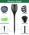 Diagram of Six Pack 51 LED Solar Torch Lights With Flickering Flame 23 Inch Tall Outdoor Garden Yard Pathway Tiki Torches Waterproof Patio Lawn Decor Auto On Off Solar Power, showing solar panel, ABS material, battery, button, spike and stake.