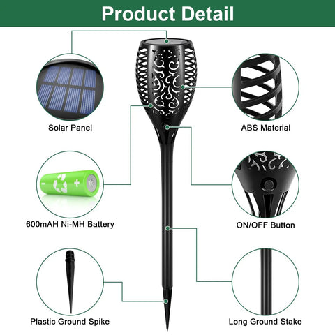 Diagram of Six Pack 51 LED Solar Torch Lights With Flickering Flame 23 Inch Tall Outdoor Garden Yard Pathway Tiki Torches Waterproof Patio Lawn Decor Auto On Off Solar Power, showing solar panel, ABS material, battery, button, spike and stake.
