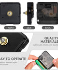 Front, side, and back view of Quartz Clock Movement Replacement For DIY Projects With Quiet Sweep Technology Silent Battery.