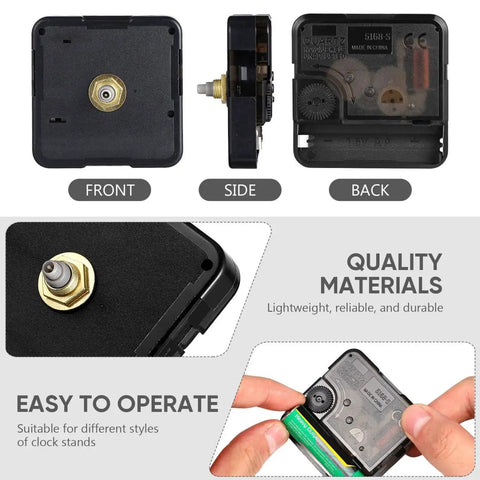 Front, side, and back view of Quartz Clock Movement Replacement For DIY Projects With Quiet Sweep Technology Silent Battery.