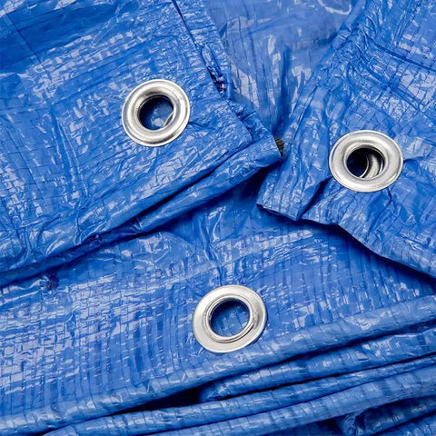 Close-up of Tough Waterproof Heavy Duty Poly Tarp 12x16 Foot With Grommets Every 36 Inches 8x8 Weave 5 Mil Thick in blue