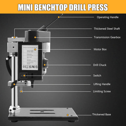 Side view of Portable 200W Mini Drill Press With Flexible Shaft For Angled Drilling, 8500 RPM Benchtop Drill Press showing components.
