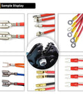 Electric Cold Press Terminal Crimper Machine With Interchangeable Die Sets For Fast One Second Wiring And Continuous Crimping Operations To Boost Electrical Project Productivity showing various connectors and crimper details.