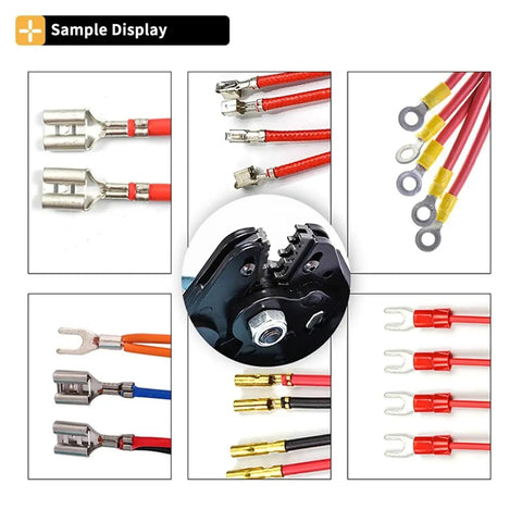 Electric Cold Press Terminal Crimper Machine With Interchangeable Die Sets For Fast One Second Wiring And Continuous Crimping Operations To Boost Electrical Project Productivity showing various connectors and crimper details.