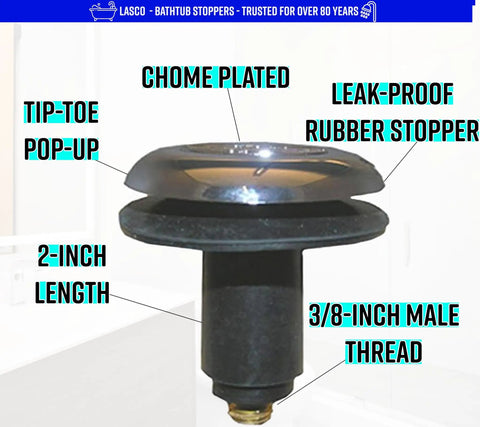 No Sweat Quick Install Chrome Bathtub Drain Stopper Featuring A Gasket Tight Rubber Seal And Slick Push Lock Setup For Totally Hassle Free Plumbing Jobs, 2-inch length, 3/8-inch male thread.