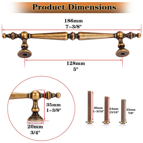 Solid Antique Brass Cabinet Pulls 5 Inch Drawer Handles 5 Pack Vintage Zinc Alloy Furniture Hardware dimensions and screws
