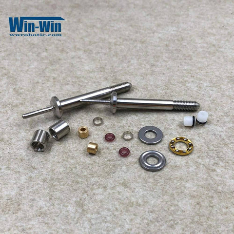 Front view of Win-Win waterjet spare parts kit for 1/4 in 90-degree swivel; steel rods, seals, O-rings, washers.