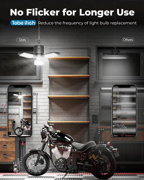 Motion Sensor Garage Light Plug In 8000 Lumen Shop Light With Three Modes and Flexible LED Panels installed in garage