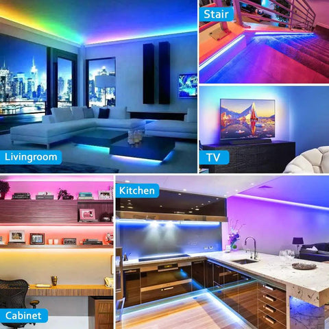 RGB Under Cabinet Lighting Kit With App Control And Remote, 10 Pcs 20Inch LED Strip Lights Total Sixteen Point Four Feet illuminated in various home settings.