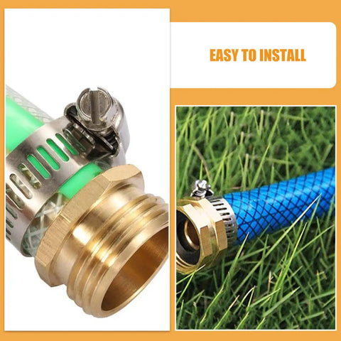 Rock Solid 3 Piece Garden Hose Quick Connect Brass Fittings 3/4 Inch External Threaded Repair Kit For Watering Plants And Flowers With Easy Grip Leaks Proof Setup That Makes Gardening A Total Vibe close-up on hose with clamp