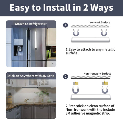LED Motion Sensor Under Cabinet Lights 2 Pack With Ultra Thin Magnetic Closet Design 69 LEDs Wireless Battery Operated 2200mAh Rechargeable Power Magnetic Kitchen Counter Lights Black installation options include magnetic attachment to refrigerator or adhesive mounting under cabinet.