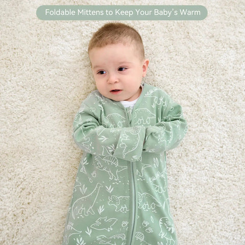 Baby in Cozy Cotton Baby Sleep Sack 6 To 12 Months 0.5 Tog Long Sleeve Wearable Blanket With Mittens Green Dinosaur