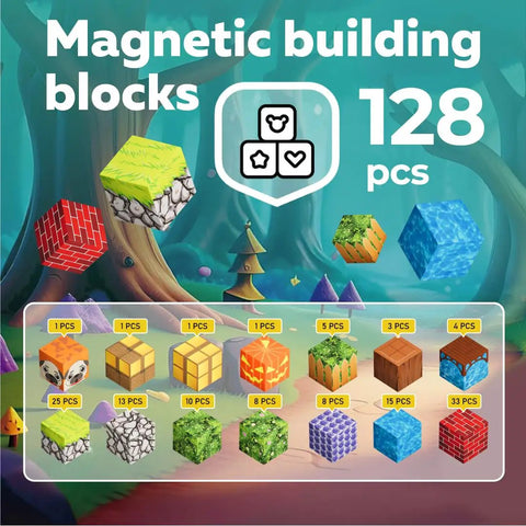 Magnetic Blocks 128 PCS Magnetic Building Kit For Kids Ages 3 To 12 Featuring various colorful magnetic blocks set in a fantasy forest