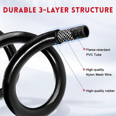 GasSaf propane regulator hose, close-up view, 3-layer reinforced PVC tube with nylon mesh and rubber