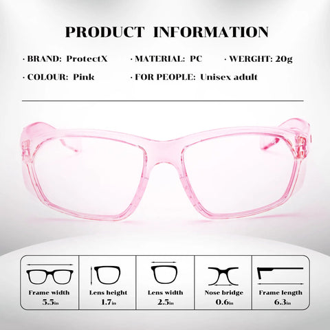 Anti Fog And Scratch Resistant Safety Glasses For Men And Women, Lightweight UV Protection Goggles with clear pink frame and measurements