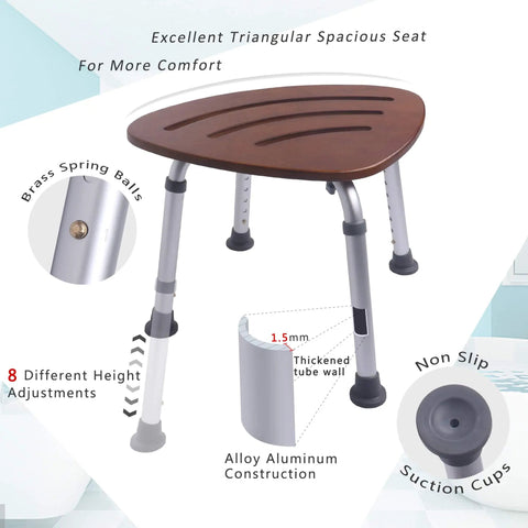 Triangular Bamboo Bath Seat for Elderly and Adults, Height Adjustable Shower Chair with slip-resistant rubber feet detail view