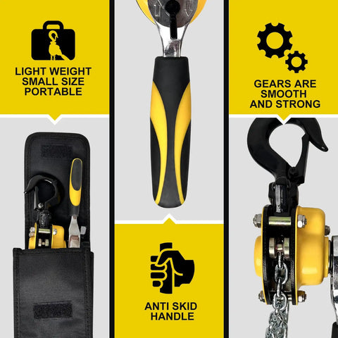 Tiny But Mighty Chain Hoist One Quarter Ton 550 Lbs Capacity Five Foot Lift Come Along With G80 Chain And Hook close-up details