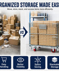 Hella Tough Collapsible Wire Storage Basket With Easy Roll Wheels Massive 3000 Pound Capacity Folding Metal Bin in comparison with cluttered area.