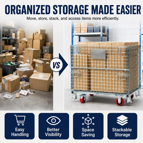 Hella Tough Collapsible Wire Storage Basket With Easy Roll Wheels Massive 3000 Pound Capacity Folding Metal Bin in comparison with cluttered area.