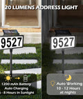 Solar Address Sign With LED Illuminated House Number For Outdoor Use Waterproof Address Plaque For Your Home Yard And Street 135 Degree Adjustable Solar Panel Auto Mode Light On At Night displaying number 9527 day and night