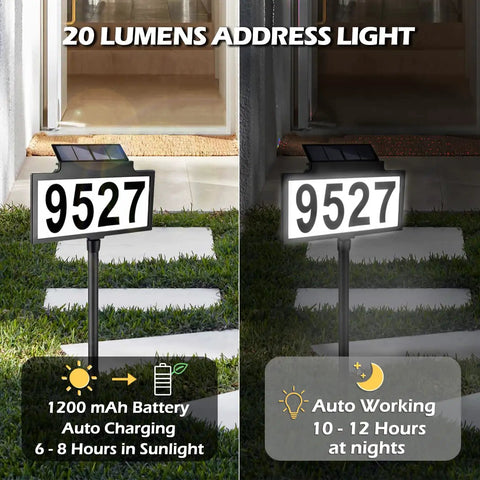 Solar Address Sign With LED Illuminated House Number For Outdoor Use Waterproof Address Plaque For Your Home Yard And Street 135 Degree Adjustable Solar Panel Auto Mode Light On At Night displaying number 9527 day and night