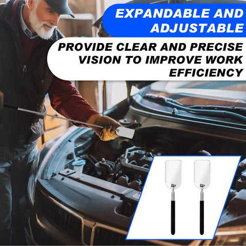 Two Pack Telescoping Welding Inspection Mirrors, 2 x 3.75 Inch Stainless Steel Rectangular Mirrors With Pivoting Heads And Grip Handles For Maintenance, Automotive, And Home Repairs in use inspecting engine.