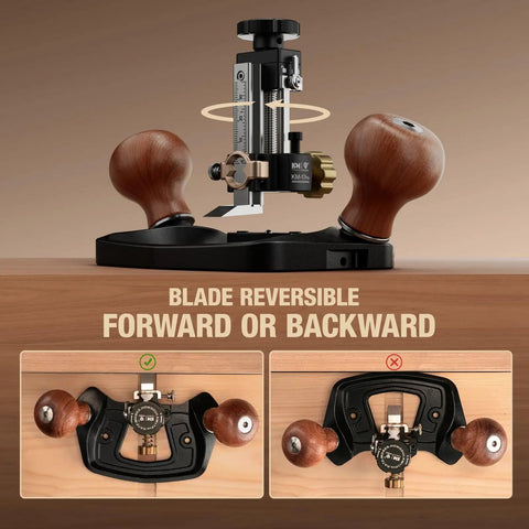Pro Level Router Plane Kit Featuring Swappable Straight And Forty Five Degree Blades, adjustable height with reversible blade direction.