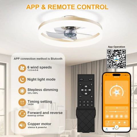 Low Profile Ceiling Fan With Light Flush Mount 6 Speed Reversible Silent Operation Remote And App Control Gold Finish 19.7 Inch