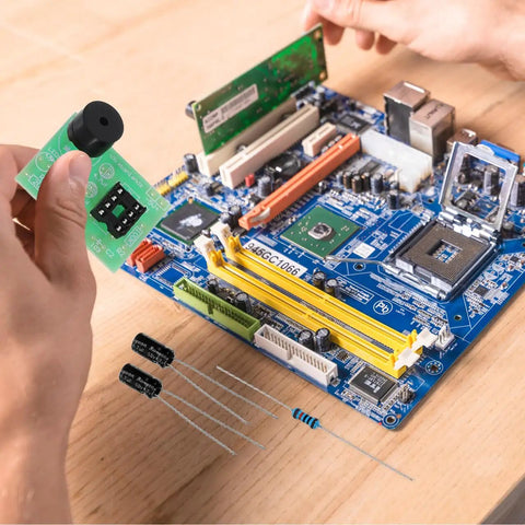 Dope Dual 555 Timer Circuit Kit for Electronics Training and DIY Projects on a motherboard, components being assembled.