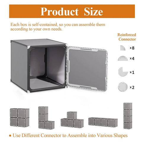 Totally Versatile 4 Cube Storage Organizer With Doors, dark grey cube with reinforced connectors, modular assembly options showcased.
