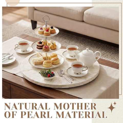 Large 16 Inch Mother Of Pearl Lazy Susan For Tabletop Rotating Turntable Organizer Centerpiece with tea set and pastries.