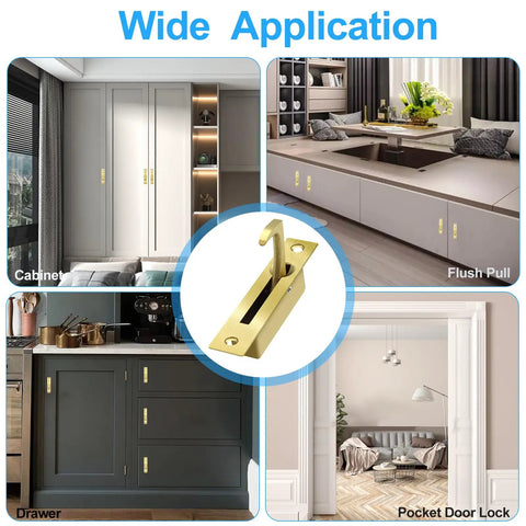 Pocket Door Handles Stainless Steel 304 Edge Pull Hidden Flush Mount Sliding Door Pull for cabinets, drawers, flush pull in gold.
