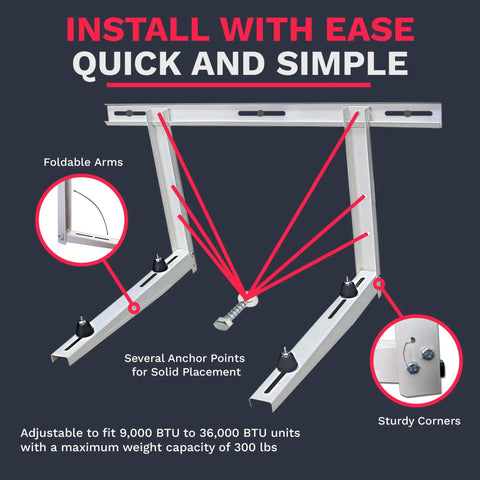 Image of an Outdoor Wall Mount Bracket for Mini Splits 9000 to 36000 BTU, featuring foldable arms, anchor points, and sturdy corners.