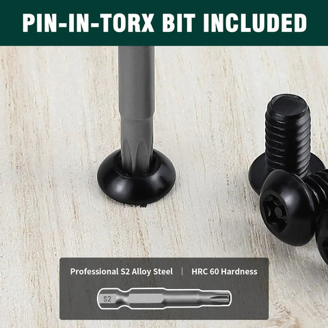 Premium M5 Black Torx Security Screws Kit With Matching Bit Made From 304 Stainless Steel showing bit and screws.