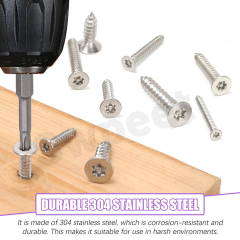 Rock Solid 170 Piece 304 Stainless Steel Screw Kit Packs 14 Sizes M3 To M6 With Tamper Proof Torx Drive and Flat Countersunk Heads For Quick Wood And Soft Metal Projects, showing stainless screws in use.