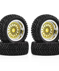On Road Drift Tire And Wheel Upgrade Set With 12mm Hex Rims For 1/10 RC Cars showing four slick rubber tires and gold rims