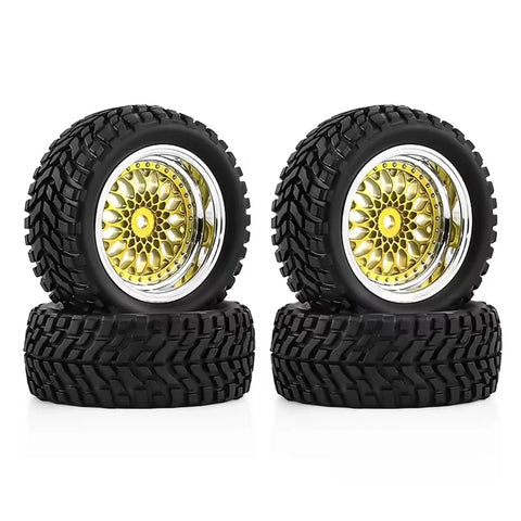 On Road Drift Tire And Wheel Upgrade Set With 12mm Hex Rims For 1/10 RC Cars showing four slick rubber tires and gold rims