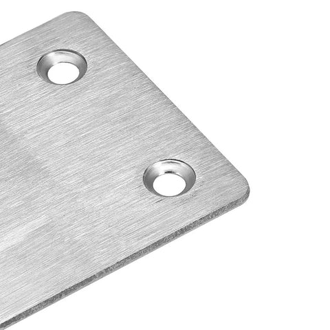 Close-up of Eight Stainless Steel Repair Plates Set 60mm By 50mm Flat Mending Brackets with visible 5mm mount holes