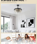 SYDACG 42" Black Crystal Fandelier Ceiling Fans with Lights showcasing 6 speed control in a modern living room setting.