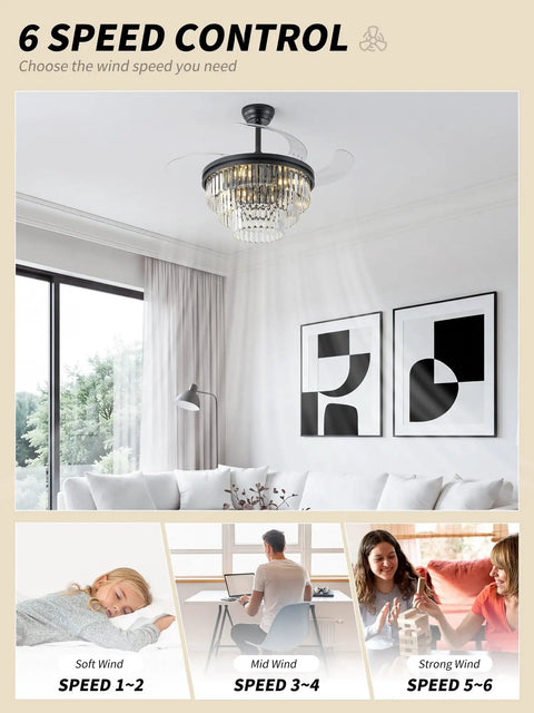 SYDACG 42" Black Crystal Fandelier Ceiling Fans with Lights showcasing 6 speed control in a modern living room setting.